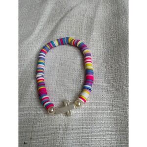 Handmade Multi Color Heishi Bead Stretch Bracelet with Cross Charm and Pearls